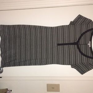 Dark green, black and white striped fitted dress